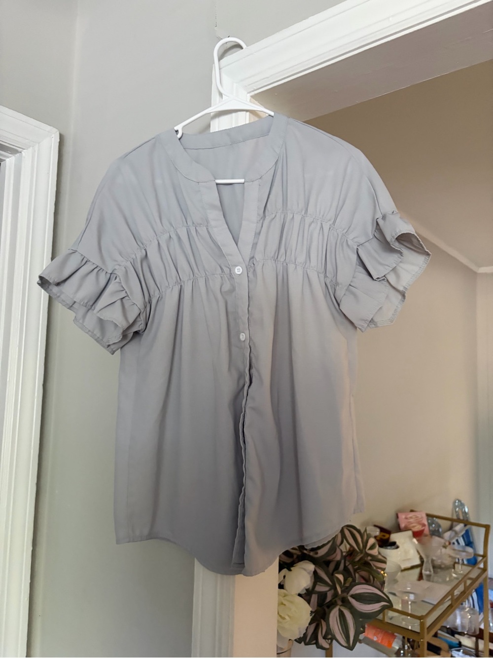 SHEIN Light Grey Ruffle Sleeve Blouse Size Large